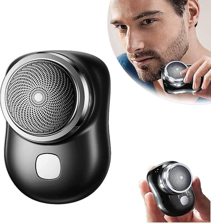 Portable electric shaver for men shown in use for quick grooming and touch-ups.