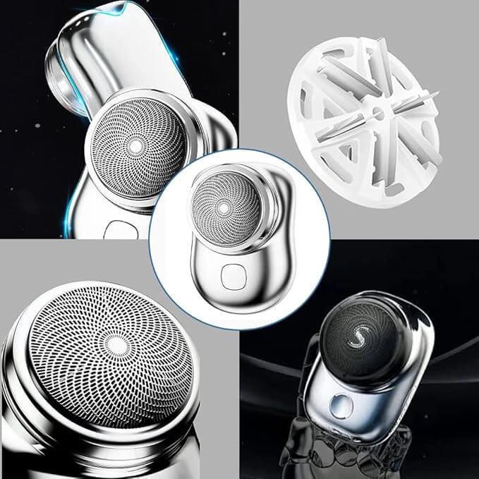 Close-up of a Mini Shave portable electric shaver for men showcasing its sleek design and metal finish.