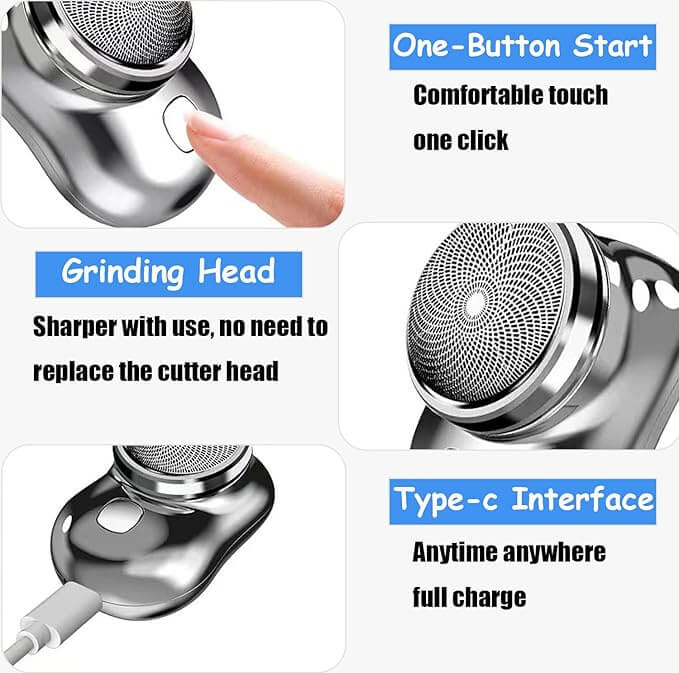 Features of the portable electric shaver for men including one-button start, grinding head, and Type-C interface.