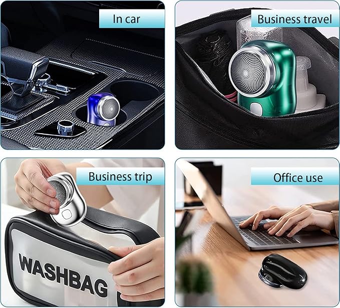 Mini Shave portable electric shaver for men shown in car, travel, business trip, and office use.