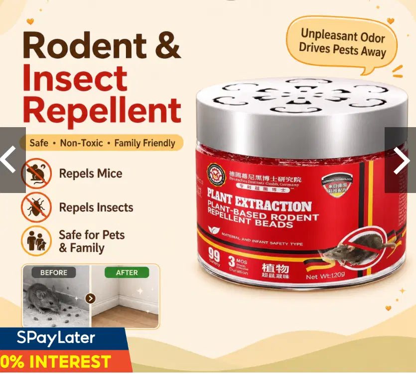 Pest control repeller for rodents and insects in a plant-based bead formula, safe for pets and family.