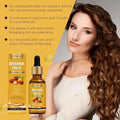 Batana Hair Oil in a bottle with a model showcasing smooth, healthy-looking hair and describing its benefits.