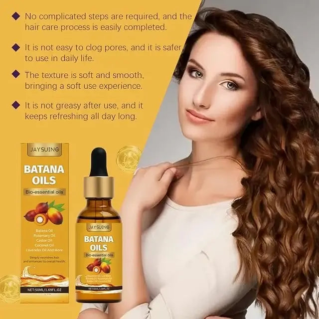 Batana Hair Oil in a bottle with a model showcasing smooth, healthy-looking hair and describing its benefits.