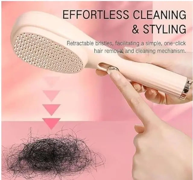 Self cleaning comb with retractable bristles for effortless cleaning and styling, displayed with hair removal feature.