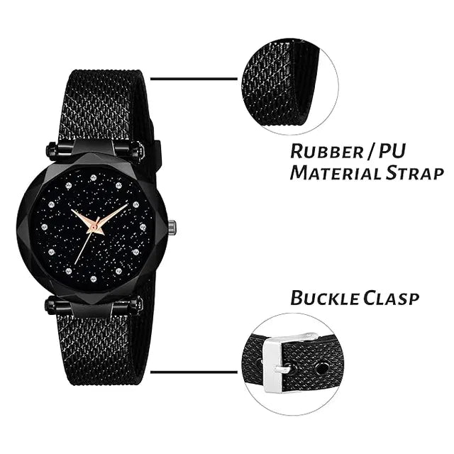 Women's Wrist Watch with Black Dial and Silicone Band, Quartz Movement