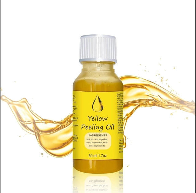 Yellow Peeling Oil bottle with splashing oil, 50 ml 1.7 oz, for topical skin care routine.