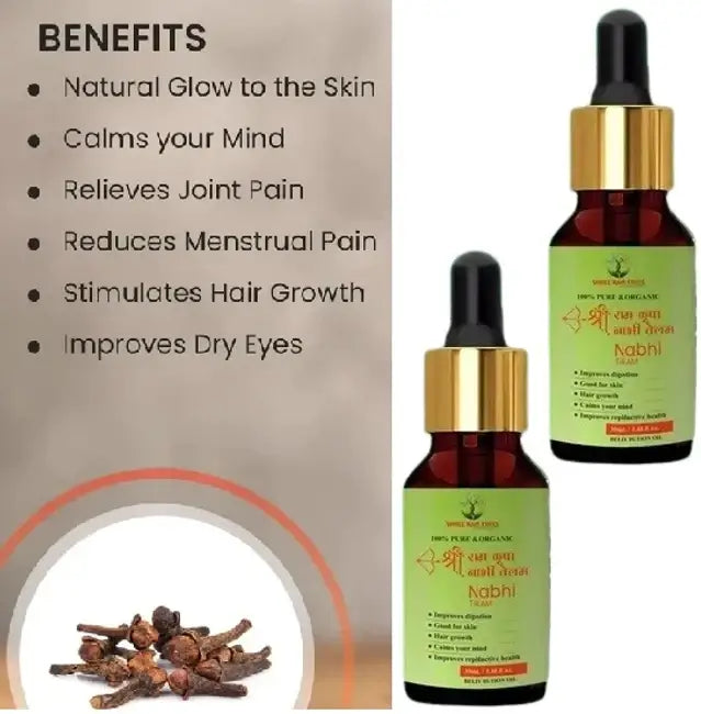 Ramban Nabhi Oil bottles showcasing benefits like skin glow, pain relief, hair growth, and dry eye improvement.